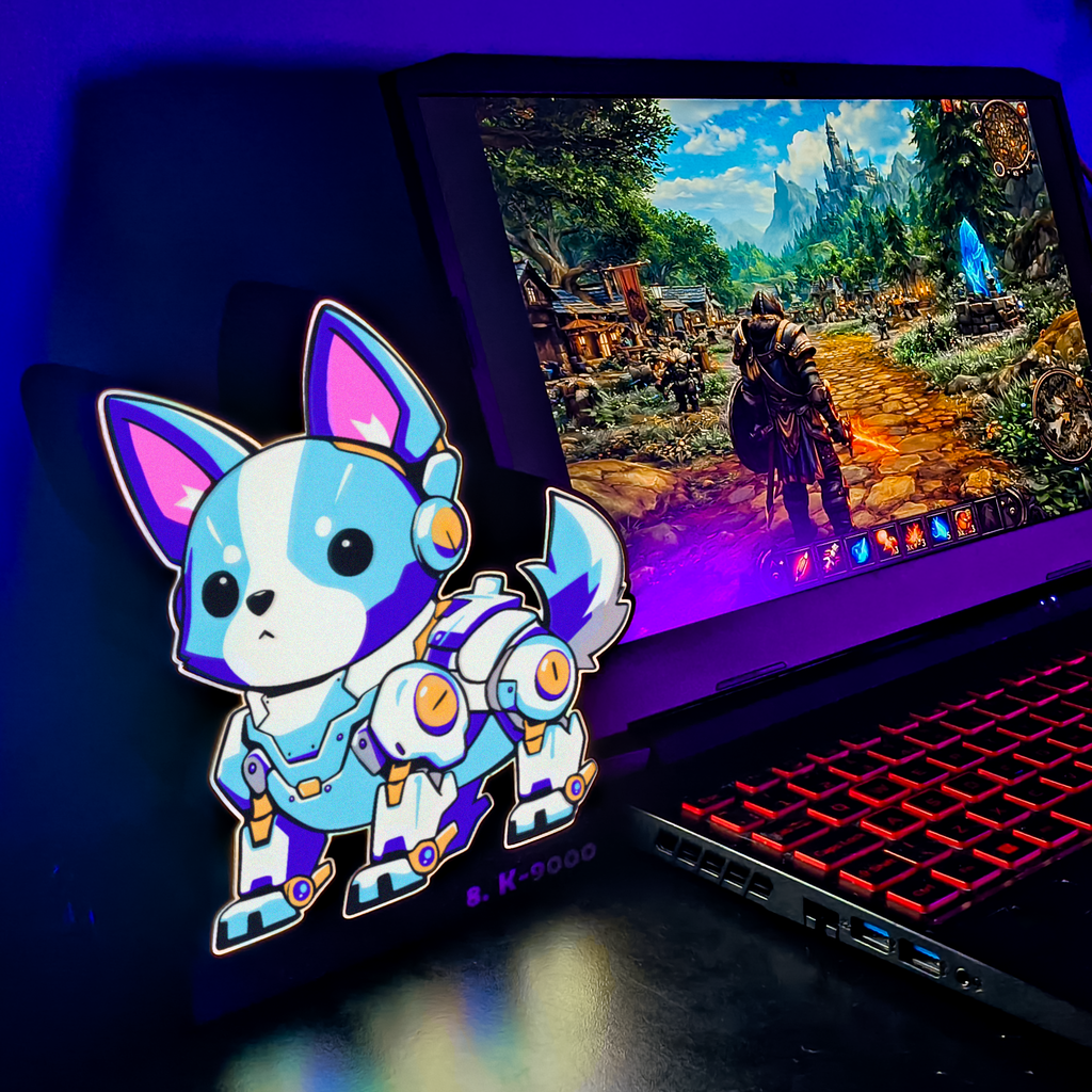 Laptop displaying a video game with a colorful character on a dark background